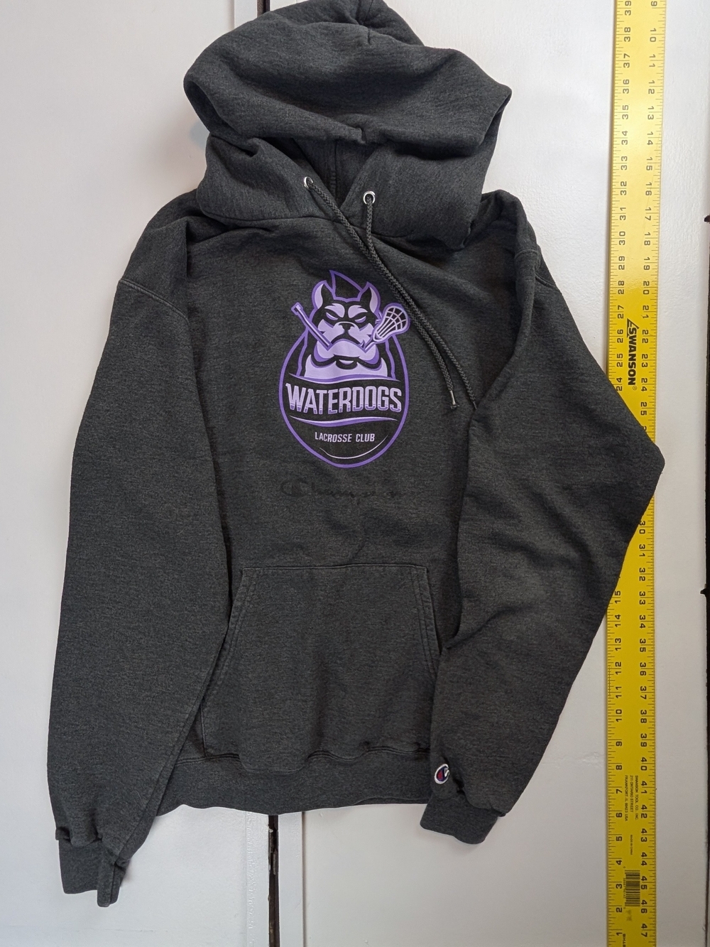Champion Dark Gray Hoodie with Purple Waterdogs Lacrosse Logo